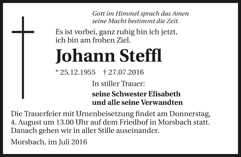  Traueranzeige für Johann Steffl vom 02.08.2016 aus 