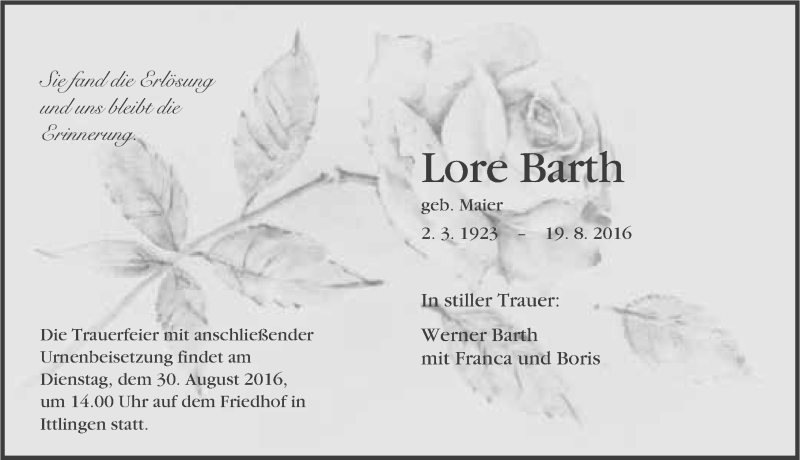  Traueranzeige für Lore Barth vom 27.08.2016 aus 