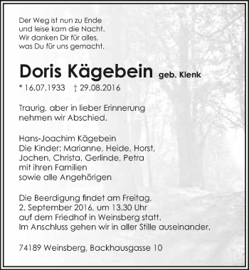 Traueranzeige von Doris Kägebein 