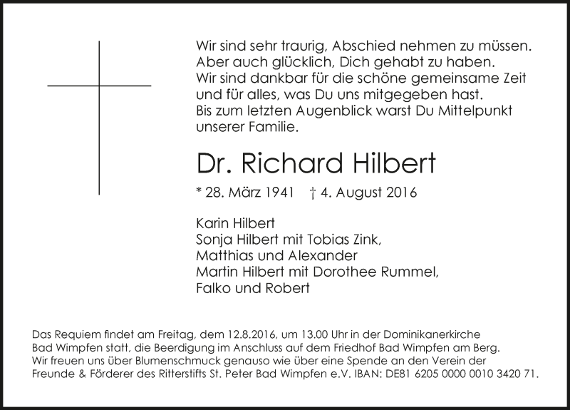  Traueranzeige für Richard Hilbert vom 09.08.2016 aus 
