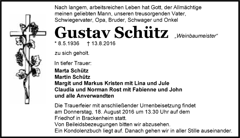  Traueranzeige für Gustav Schütz vom 15.08.2016 aus 