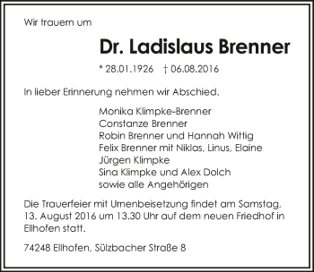 Traueranzeige von Ladislaus Brenner 
