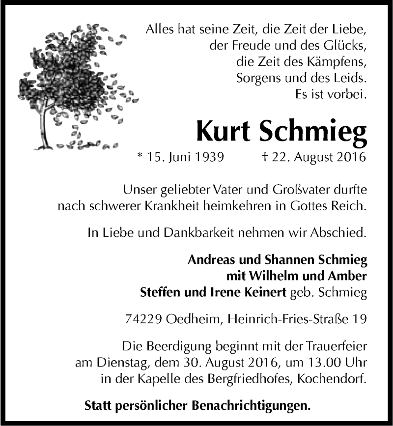  Traueranzeige für Kurt Schmieg vom 25.08.2016 aus 