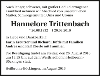 Traueranzeige von Hannelore Trittenbach 