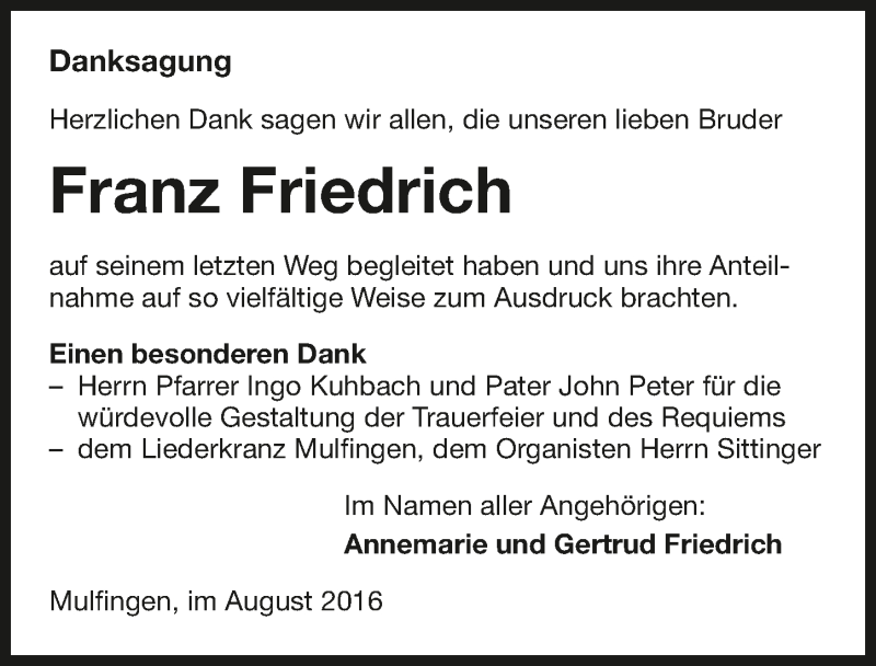  Traueranzeige für Franz Friedrich vom 05.08.2016 aus 