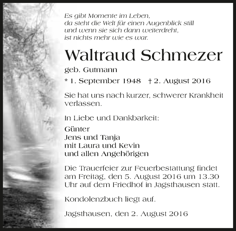  Traueranzeige für Waltraud Schmezer vom 04.08.2016 aus 