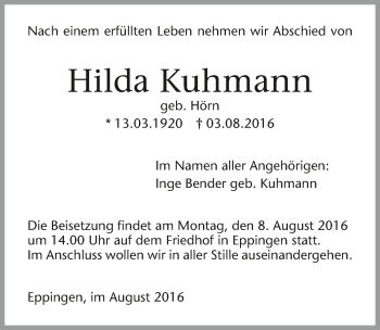 Traueranzeige von Hilda Kuhmann 