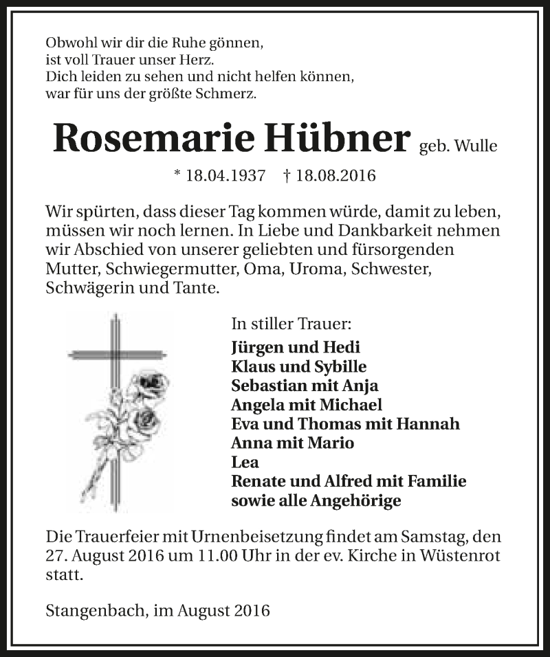  Traueranzeige für Rosemarie Hübner vom 24.08.2016 aus 