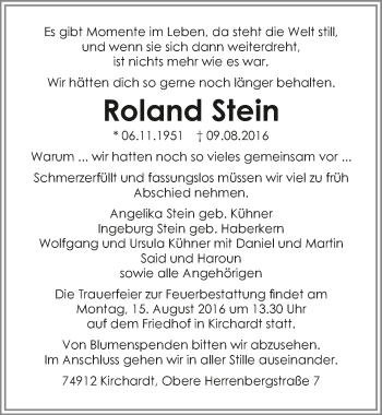 Traueranzeige von Roland Stein 