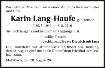 Traueranzeige von Karin Lang-Haufe 