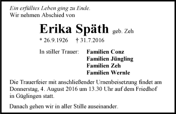 Traueranzeige von Erika Späth 