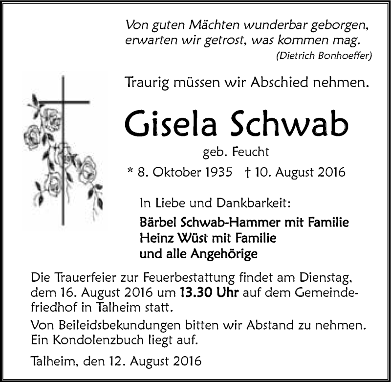  Traueranzeige für Gisela Schwab vom 12.08.2016 aus 