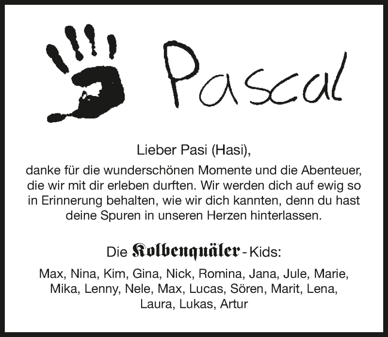  Traueranzeige für Pascal Hasenfuß vom 13.08.2016 aus 