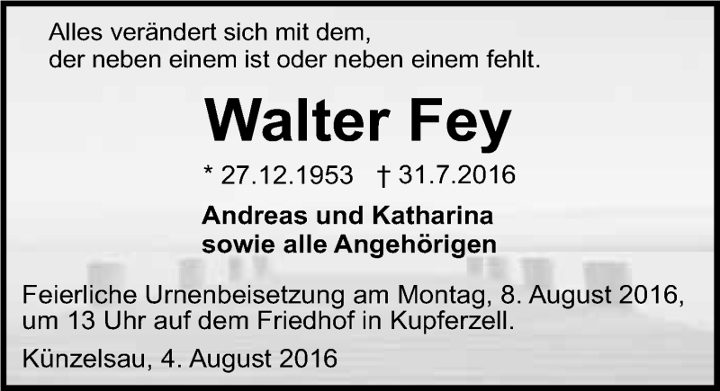 Traueranzeige für Walter Fey vom 04.08.2016 aus 