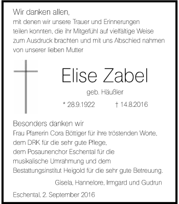 Traueranzeige von Elise Zabel 
