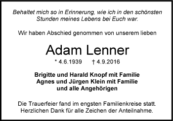 Traueranzeige von Adam Lenner 