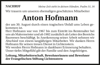 Traueranzeige von Anton Hofmann 