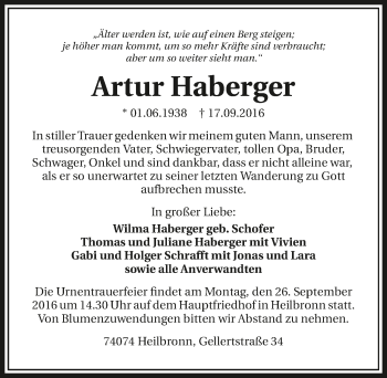 Traueranzeige von Artur Haberger 