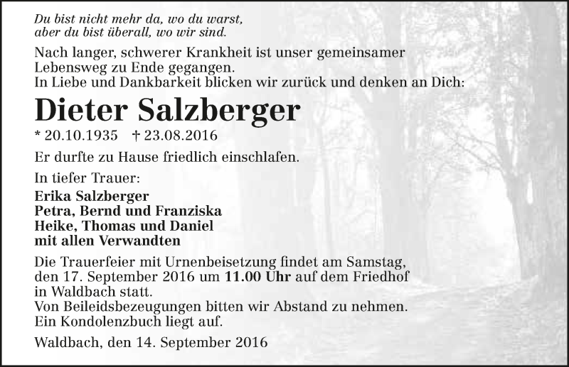  Traueranzeige für Dieter Salzberger vom 14.09.2016 aus 