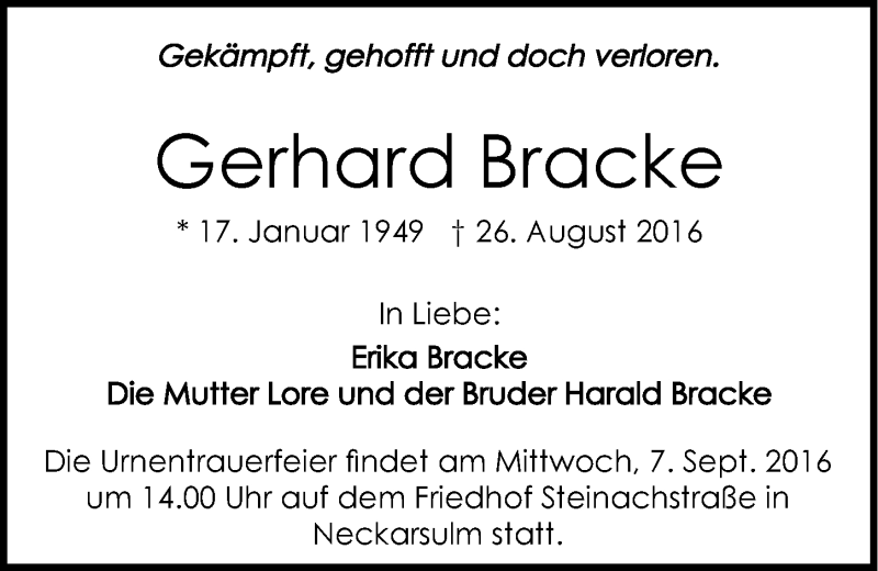  Traueranzeige für Gerhard Bracke vom 02.09.2016 aus 