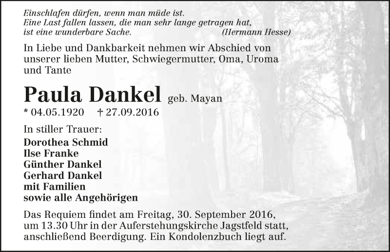  Traueranzeige für Paula Dankel vom 28.09.2016 aus 