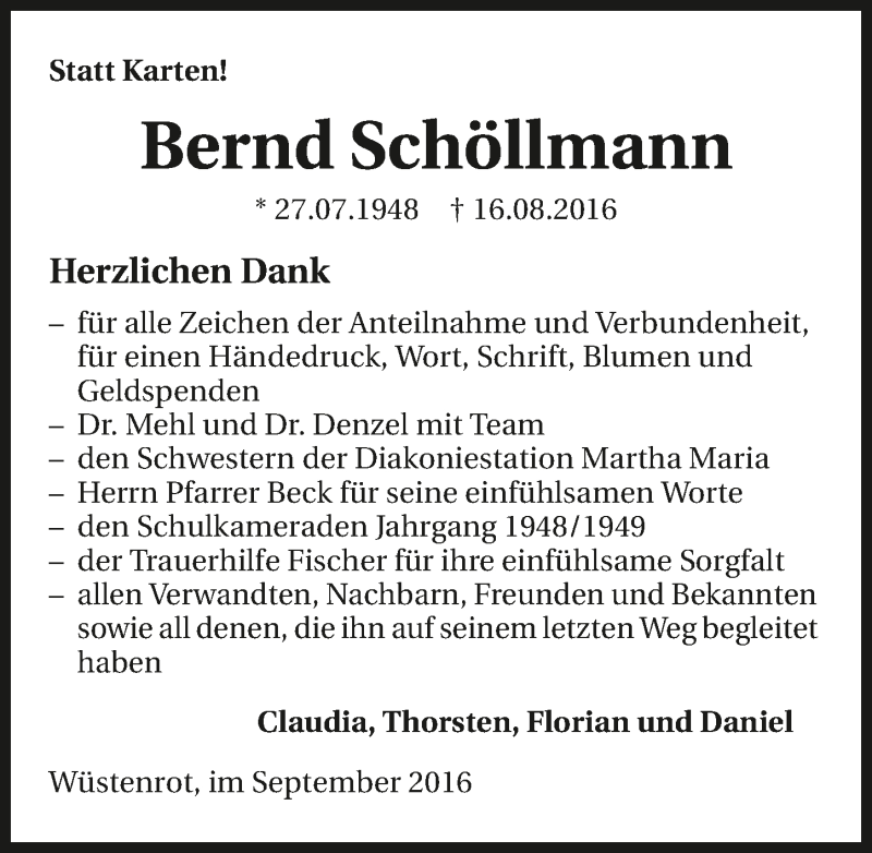  Traueranzeige für Bernd Schöllmann vom 15.09.2016 aus 
