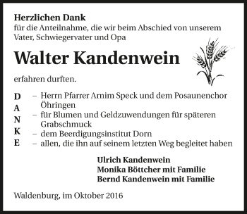 Traueranzeige von Walter Kandenwein 