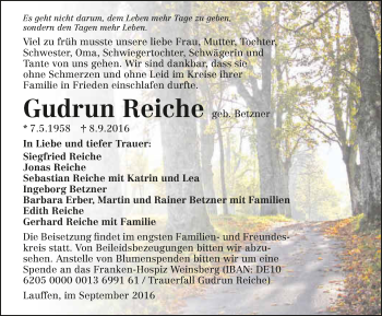 Traueranzeige von Gudrun Reiche 