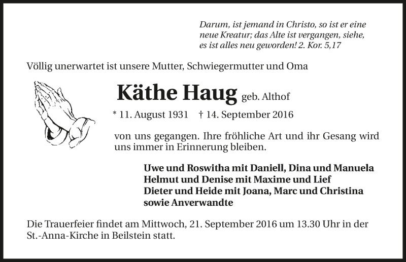  Traueranzeige für Käthe Haug vom 17.09.2016 aus 