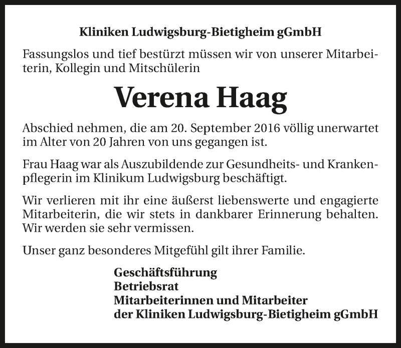  Traueranzeige für Verena Haag vom 30.09.2016 aus 