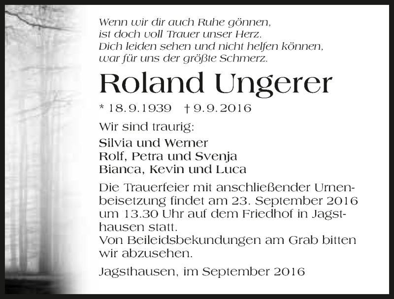  Traueranzeige für Roland Ungerer vom 20.09.2016 aus 