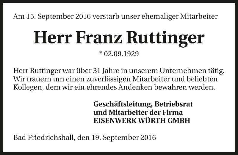  Traueranzeige für Franz Ruttinger vom 19.09.2016 aus 