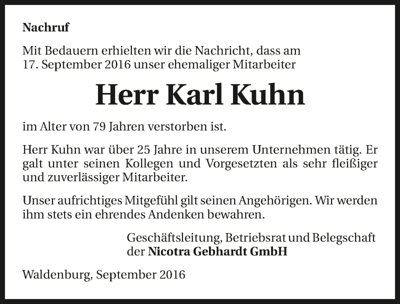  Traueranzeige für Karl Kuhn vom 28.09.2016 aus 