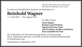 Traueranzeige von Reinhold Wagner 