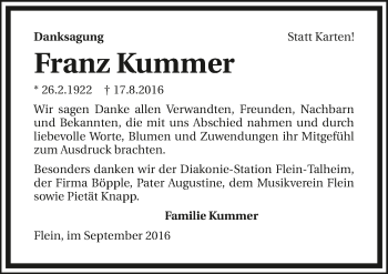 Traueranzeige von Franz Kummer 