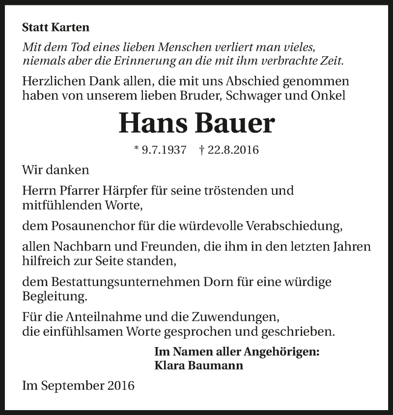  Traueranzeige für Hans Bauer vom 22.09.2016 aus 