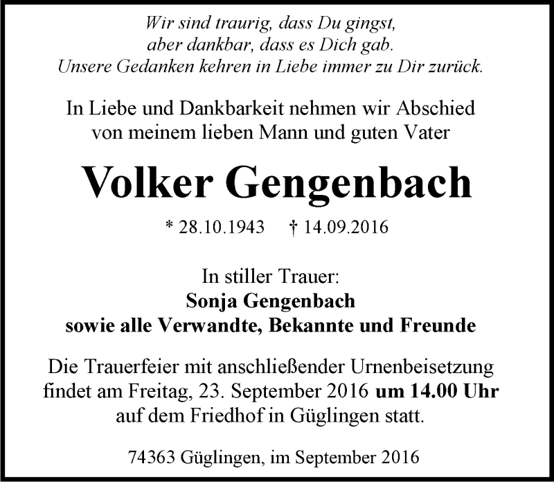  Traueranzeige für Volker Gengenbach vom 20.09.2016 aus 