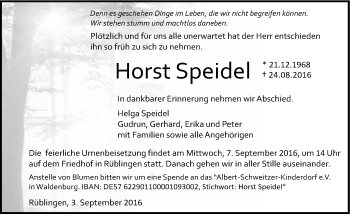 Traueranzeige von Horst Speidel 