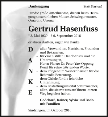 Traueranzeige von Gertrud Hasenfuss 