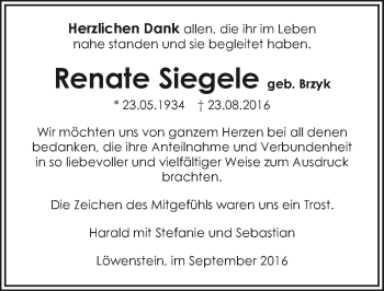 Traueranzeige von Renate Siegele 