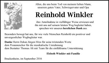 Traueranzeige von Reinhold Winkler 