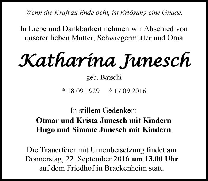  Traueranzeige für Katharina Junesch vom 20.09.2016 aus 