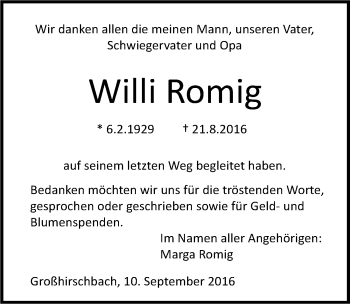 Traueranzeige von Willi Romig 