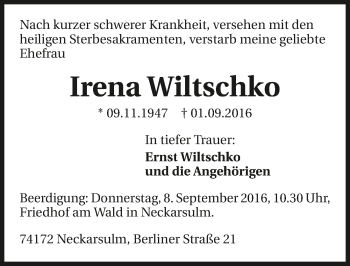 Traueranzeige von Irina Wiltschko 