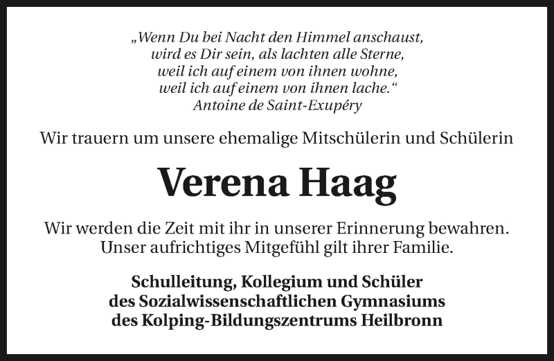  Traueranzeige für Verena Haag vom 29.09.2016 aus 
