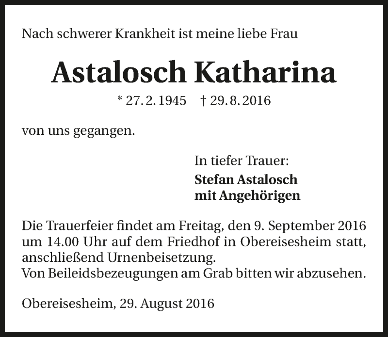  Traueranzeige für Katharina Astalosch vom 03.09.2016 aus 