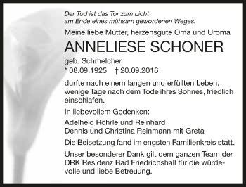 Traueranzeige von Anneliese Schoner 