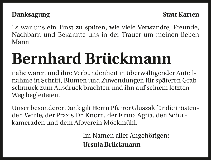 Traueranzeige für Bernhard Brückmann vom 24.09.2016 aus 