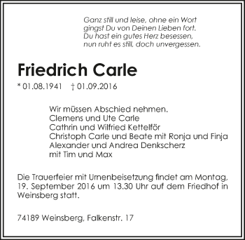 Traueranzeige von Friedrich Carle 
