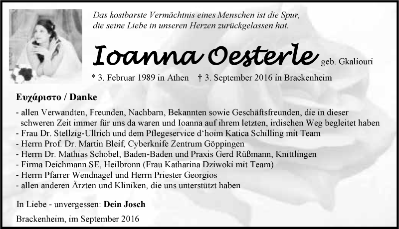  Traueranzeige für Ioanna Oesterle vom 24.09.2016 aus 